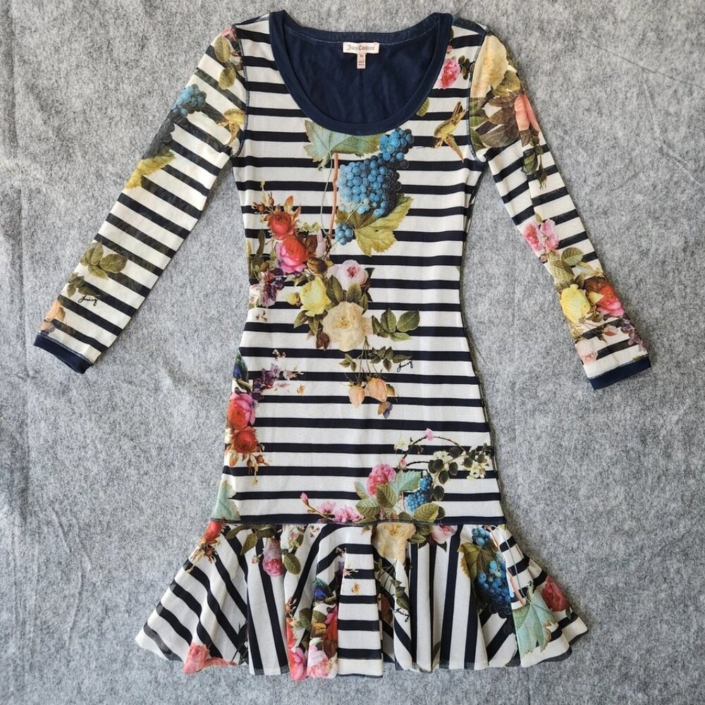 Juicy Couture VTG Flounder Dress Womens XS Stripped  Y2K Wednesday Addams Witchy